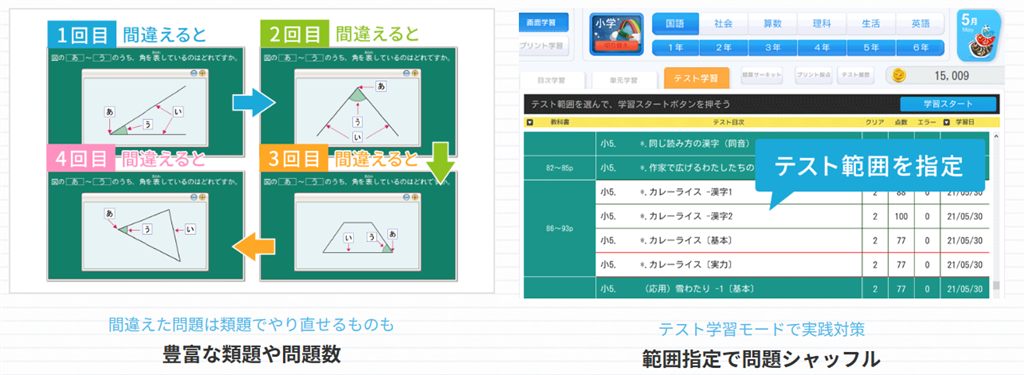 天神は間違えた問題を類題で繰り返せる。テスト範囲を指定して出題もできる